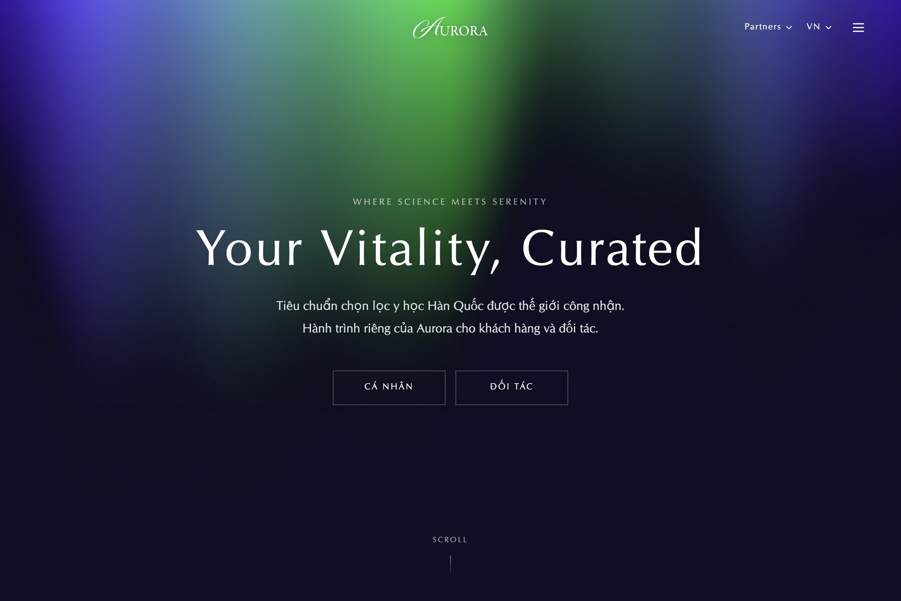 Aurora 홈페이지 베트남어 버전 첫 화면. Your Vitality, Curated.