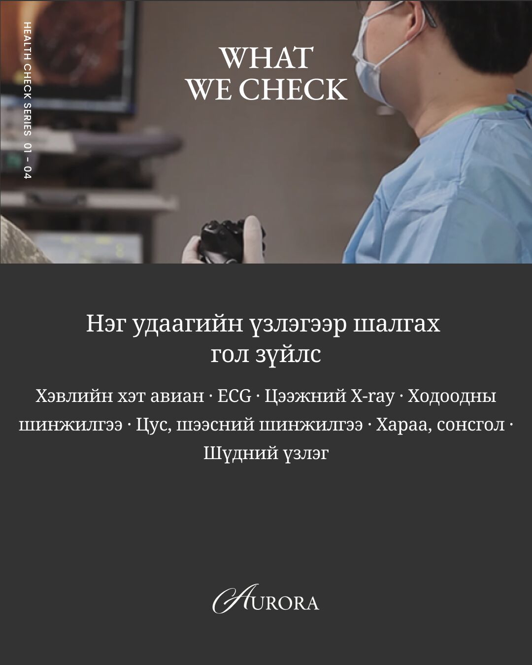 몽골어 캐러셀의 검사 항목 슬라이드. 혈액·심전도·흉부 X-ray 등 주요 검사를 정리.