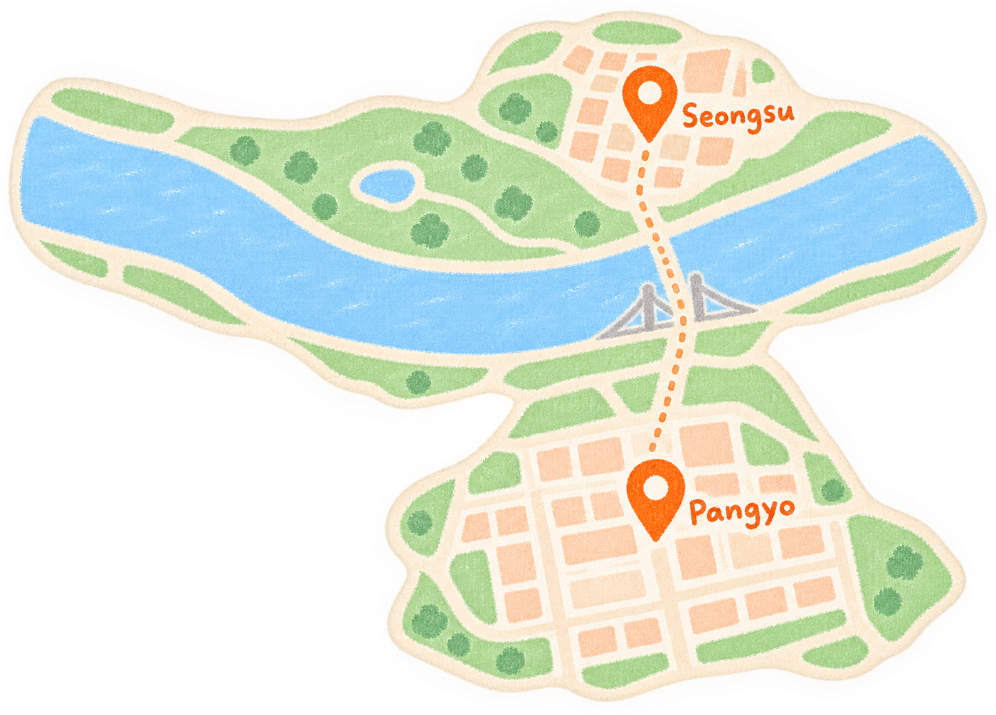 한 장의 색연필 지도에 성수와 판교 위치가 핀 두 개로 표시되어 있다